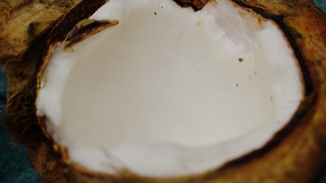 A detailed view of a coconut half reveals smooth creamy white flesh bordered by a rugged brown shell, emphasizing natural texture and fresh organic simplicity in this tropical food scene.