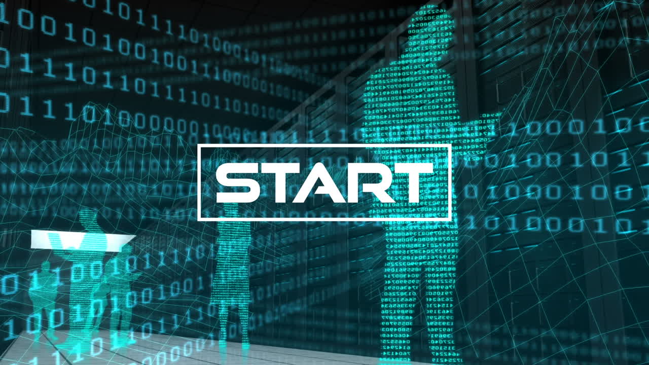 animación de inicio sobre código binario y siluetas de personas