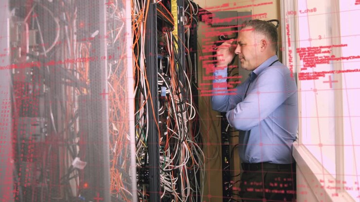 Animation of data processing over caucasian man in server room