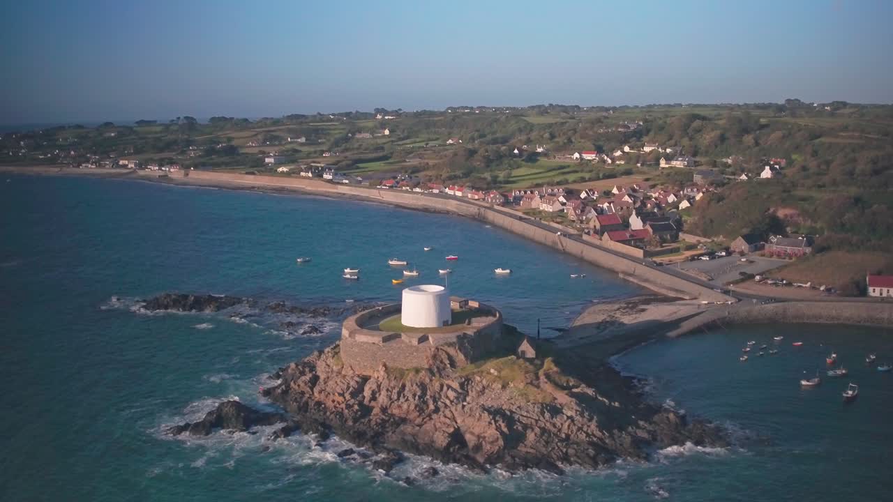 Aerial drone view of Fort Grey, Guernsey, Channel Islands, UK