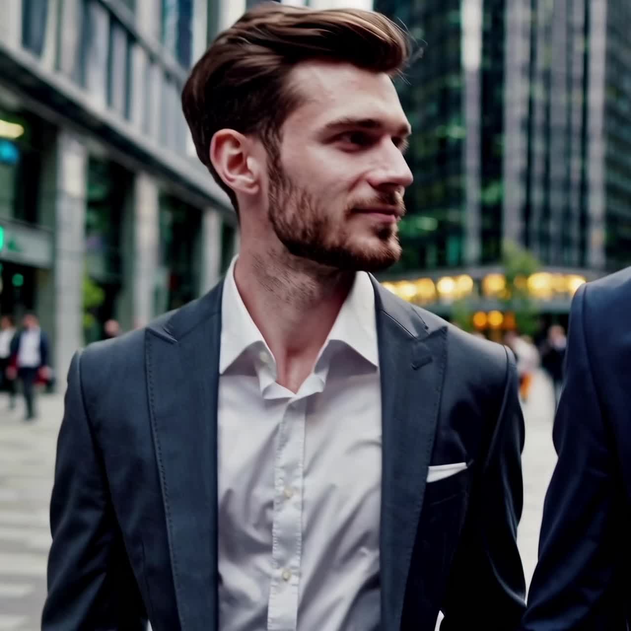 Stylish man in a suit walking in a city, captured from a low-angle shot, giving a dynamic, cinematic