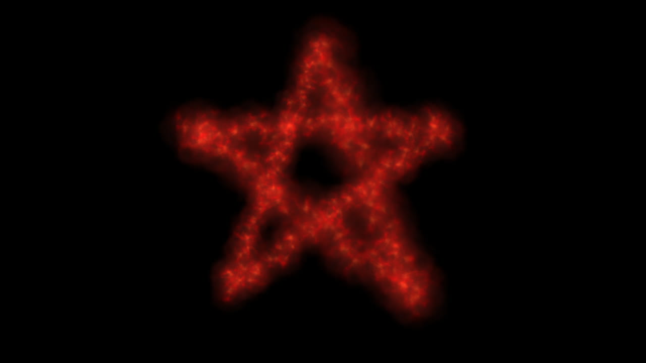 빨간색 펜타그램 또는 펜타클 애니메이션, 검정색 배경에 연기 또는 흐릿한 불꽃