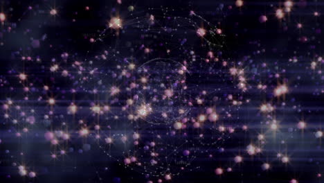 animación de estrellas, globos y conexiones sobre fondo negro y violeta