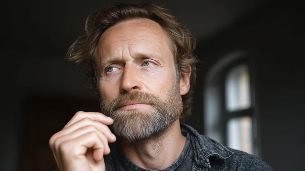 Un uomo pensieroso in un momento introspettivo: Contempla la vita e le decisioni in uno spazio calmo e riflessivo con luce naturale