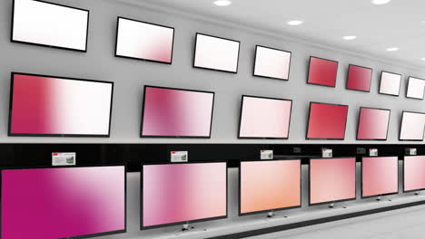 animación de filas de aparatos de televisión en la tienda con pantallas brillantes con espacio de copia