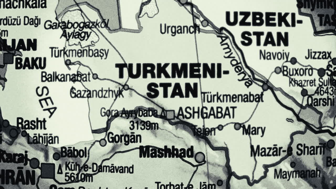 Close-up of a map showing Turkmenistan, Uzbekistan, and surrounding regions