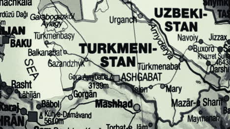 close-up of a map showing turkmenistan, uzbekistan, and surrounding regions