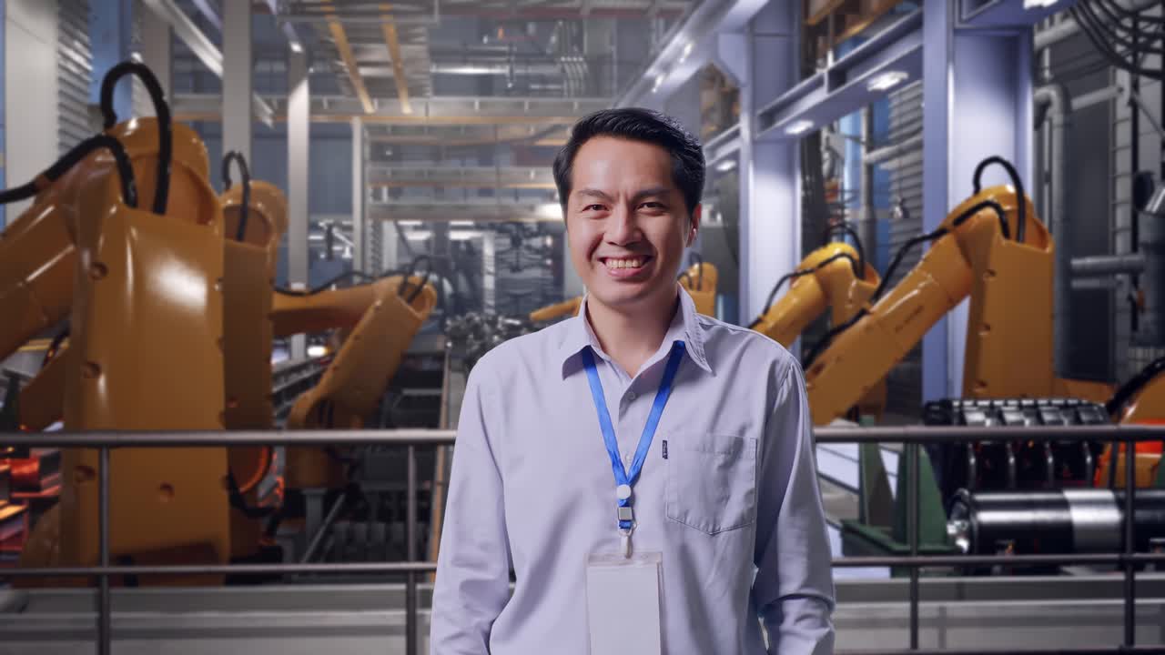 Shot Captures Of An Asian Male Professional Worker Standing With Industrial Robotic Arms Working, His Broad Smile At The Camera