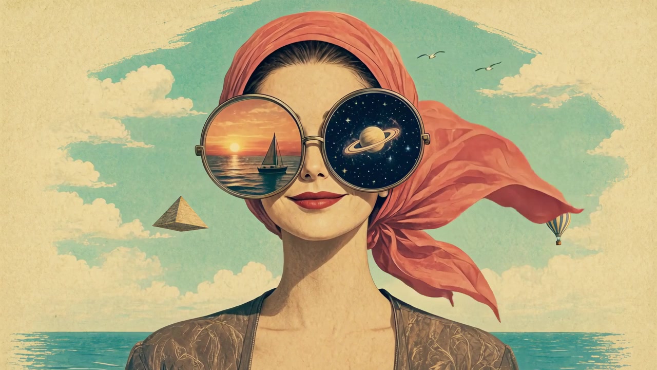 Surreal Illustration of Woman Wearing Glasses Reflecting Space and Ocean