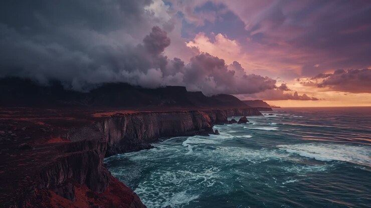 Capturing rugged cliff and ocean waves crashing as sun nears horizon, with shifting light, sea foam