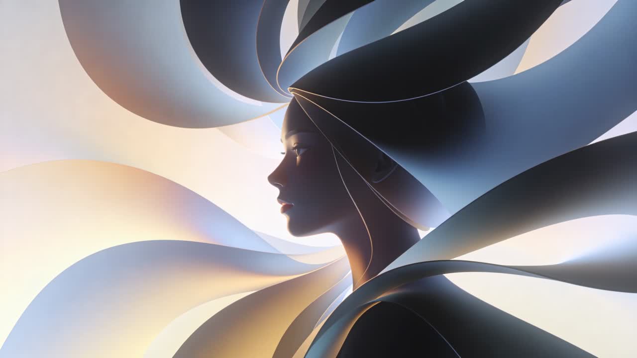 Unfurling ribbon bands revealing around female profile silhouette across frames, forming halo