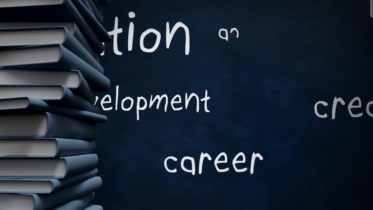 Text appears next to a stack of books