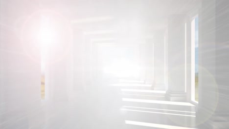 digital animation of bright spot of light against white pillars in empty corridor