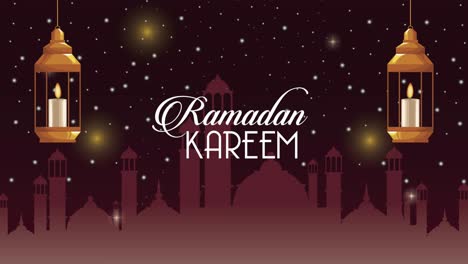 ramadan kareem lettering with golden lanterns and mosque