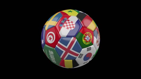 soccer ball with flags of countries of world on transparent, 4k prores 4444 footage, alpha channel, loop