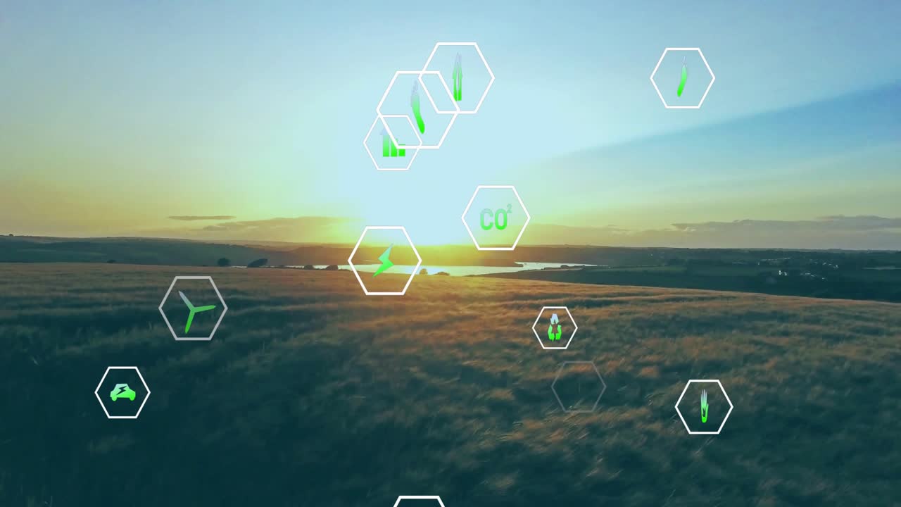 Morning sun rising over plain initiating green icons drifting and reordering representing eco data