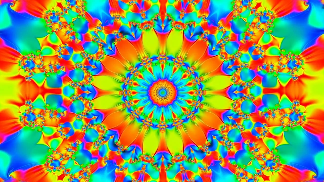 Mandala caleidoscopico neon vibrante che esplode con motivi frattali vorticosi, raggi floreali simmetrici, radioso