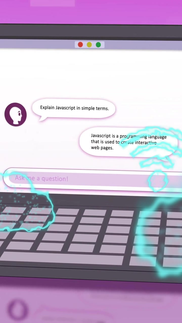 Animasjon av applikasjonsikoner over chat med AI på bærbar PC mot abstrakt bakgrunn