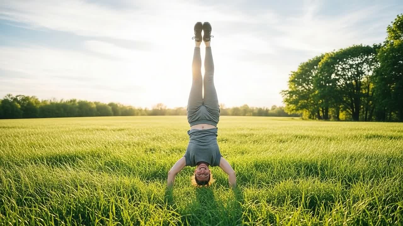 A Champion of Balance: A Person Perfectly Executes a Handstand in a Lush Green Field Backlit by the Golden Glow of a Setting Sun, Embodying Strength and Joy in Nature