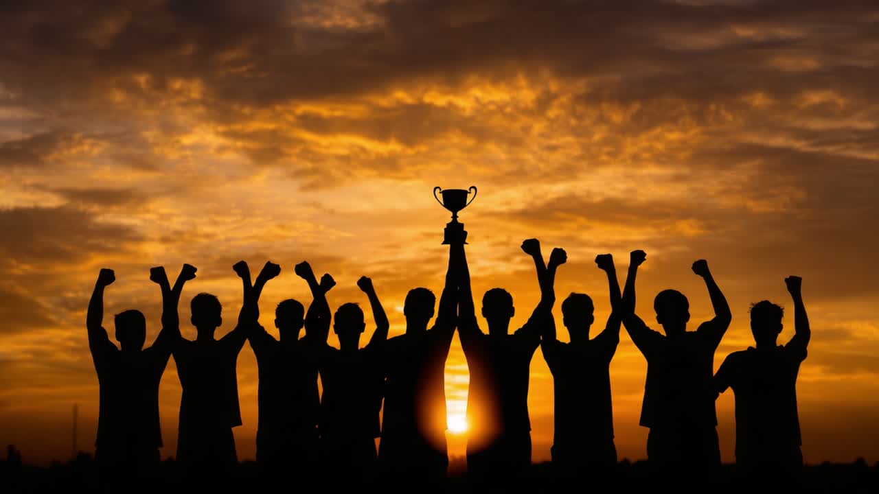 Triumphant Team Celebrating Their Victory at Sunset, Raising Their Arms in Joy and Holding a Trophy High, Silhouetted Against a Beautiful Sky