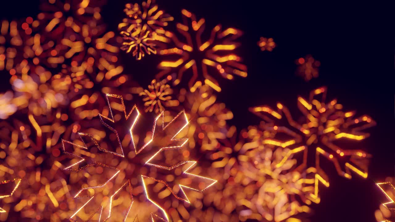 3d 골든 크리스마스 배경은 보케와 필드의 깊이를 가지고 있습니다. 반이는 장난감 눈알이 공중에 매달려 있습니다. 아름답게 반이는 천천히 흔들리고 빛에 반이는. 4k에서 새해를 위해 아름다운 3d.