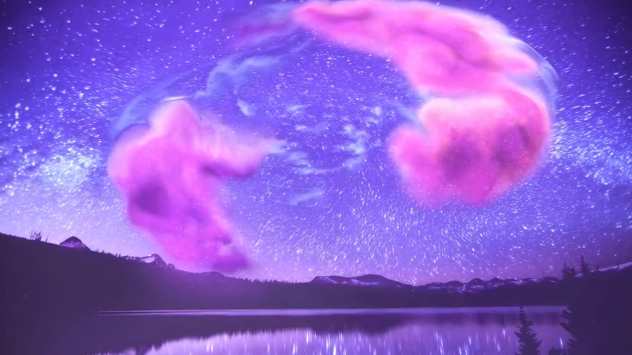 Cielo notturno etereo con nuvole luminose e stelle riflesse nel lago