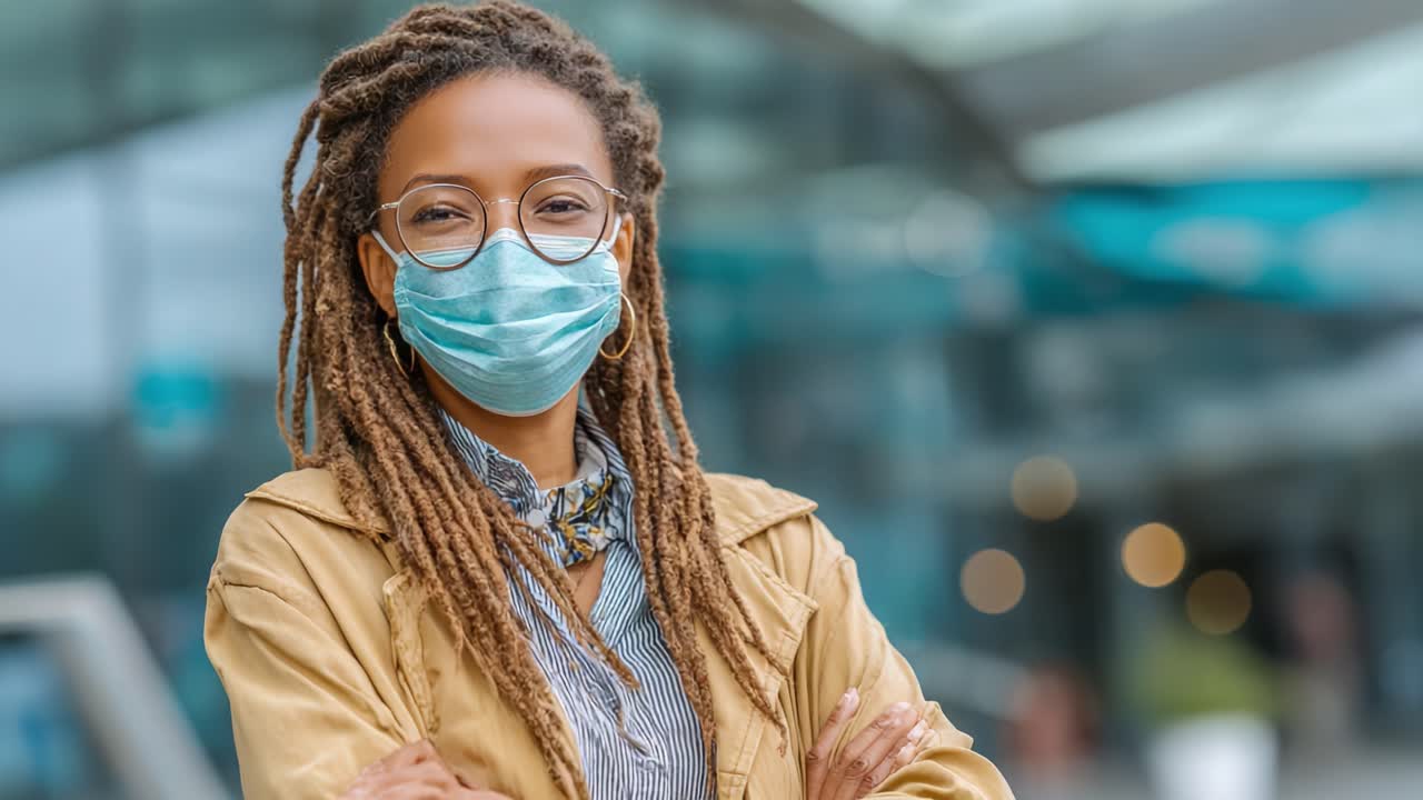 Confident Woman in Protective Mask, Exhibiting a Strong Attitude While Standing Outdoors, Emphasizing Personal Safety and Modern Style During Uncertain Times