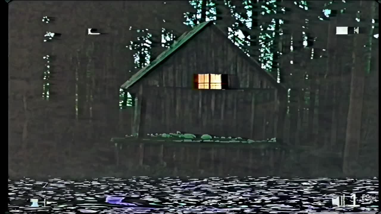 Eerie video of a cabin in the woods, shot from a low angle. The glitch effect adds a mysterious
