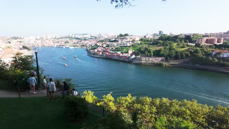 a peaceful view of porto's douro river from a tree-covered hilltop on a sunny day