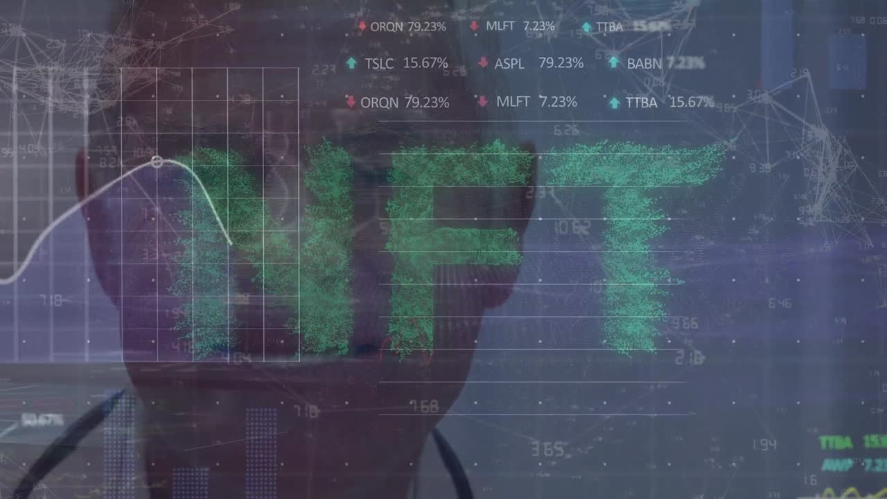 Animation of network of connections and nft text with data processing over caucasian male doctor