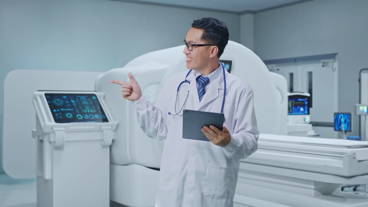Asian Male Doctor Holding A Tablet And Pointing To Side While Standing With MRI Machine In The Hospital