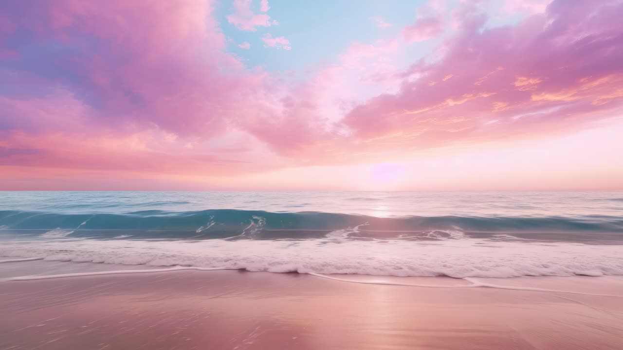 A serene beach at sunset with pink clouds, captured from a low angle