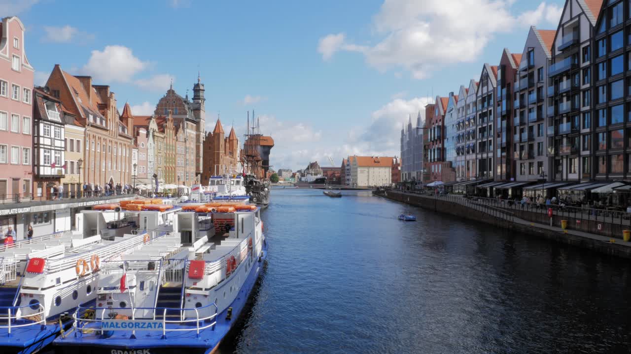 Ferry Boat Dock At Motlawa River With Typical Buildings In Gdansk Old Town At Daytime In Poland. - wide static