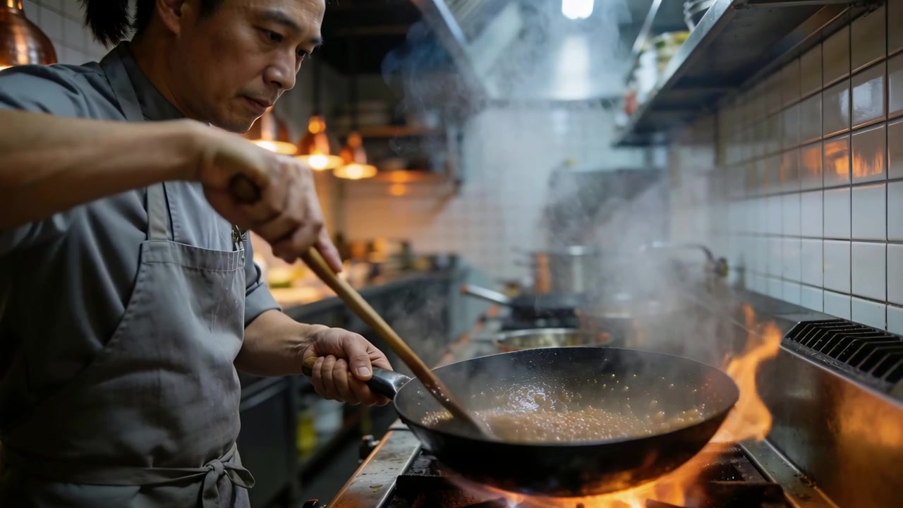 Chef mexendo em jaleco cinza, reagindo à chama no fogão, finalizando refogado com wok e espátula
