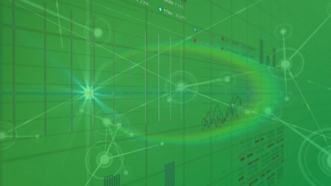 Animation-of-network-of-connections-with-data-processing-on-green-background