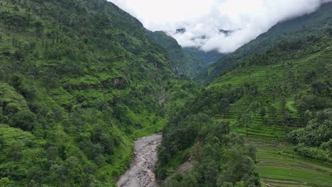 beautiful landscape drone shot of sindhupalchowk nepal shows hills covered with afforested trees under clear blue sky steady river flow terrains happy environment advocate environmental conservation