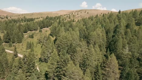 Exhilarating-drone-flight-as-it-weaves-through-trees,-awe-inspiring-beauty-of-the-Dolomite-mountains