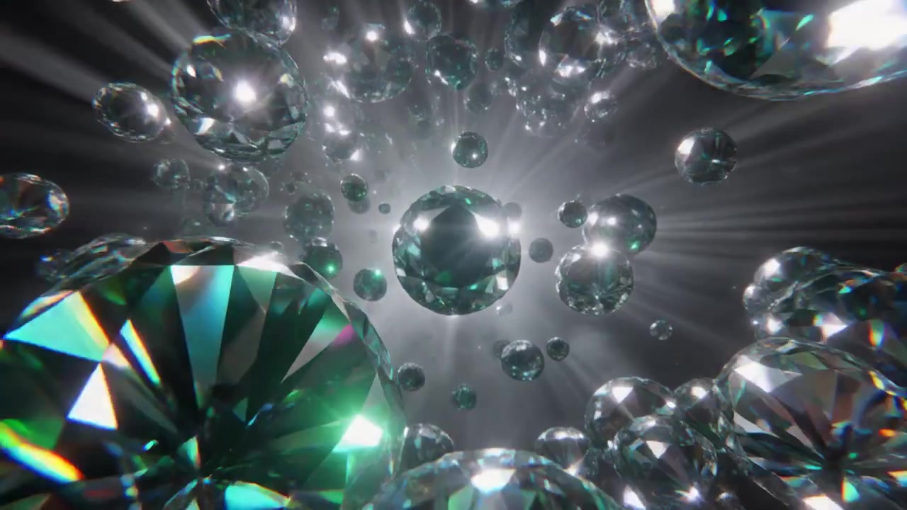 Diamants scintillants flottants avec des rayons lumineux éclatants.