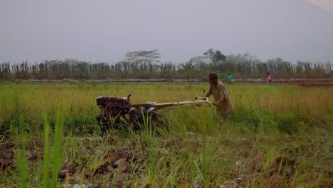 rice farmer plowing fields for planting with motorized plow through water, indonesia