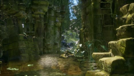 casa de piedra antigua en ruinas cubierta de plantas y helechos en un denso bosque verde