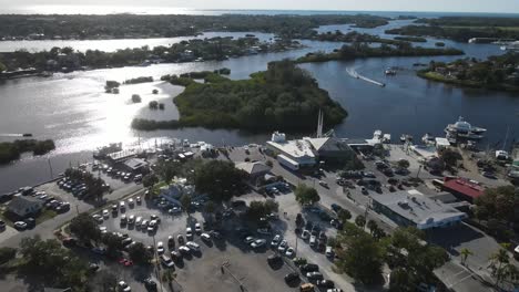 aerial view of glistening sun over port city