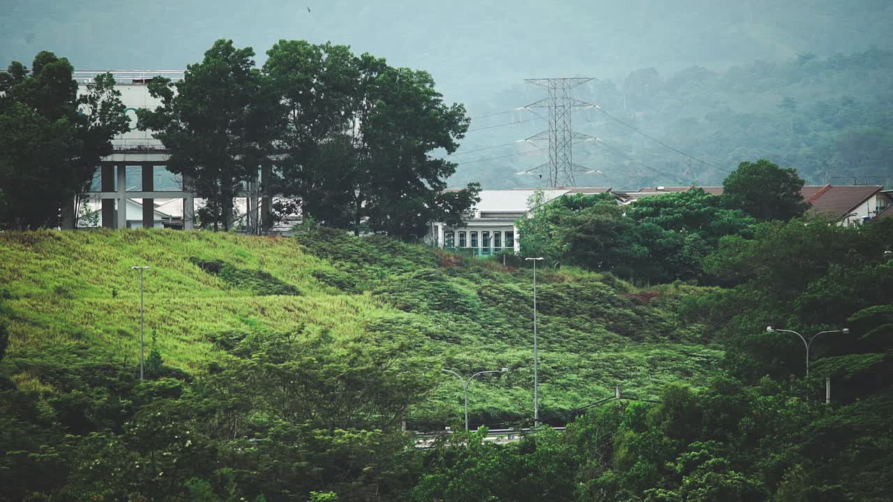 A highway near residential area_car crossing_bird flying_morning routine_off to work_long shot_50fps