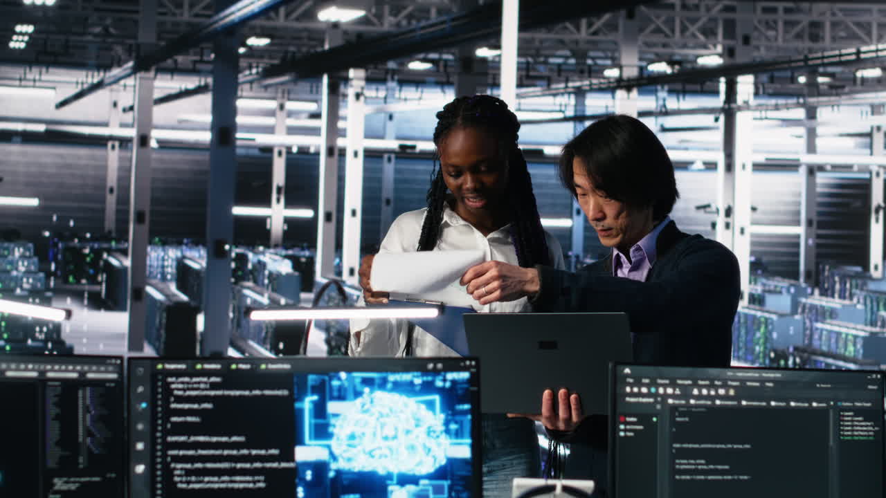 Data Center Engineers Managing Ai Systems, Looking Over Paperwork