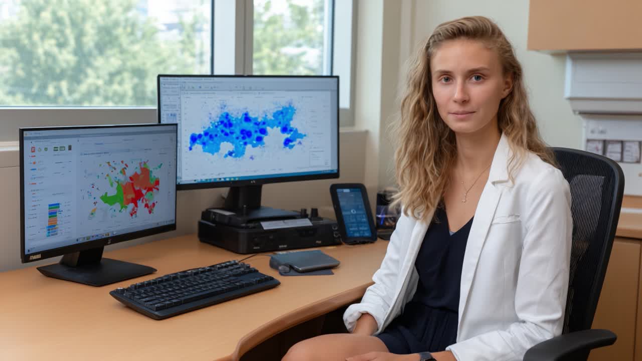 A professional seated at a desk with multiple monitors displaying colorful data visualizations, showcasing analytical skills and expert engagement in a modern workspace