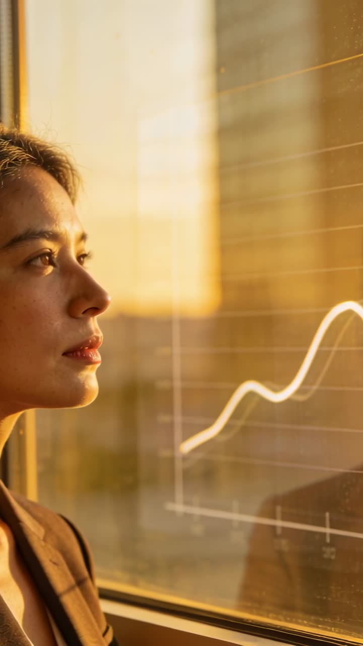 Vertical video: Gazing woman in tan coat reading chart as light shifts at office window, copy space