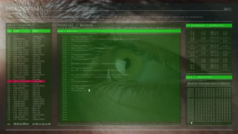 Animation of data processing on computer screens over close up of man&#039;s eye blinking