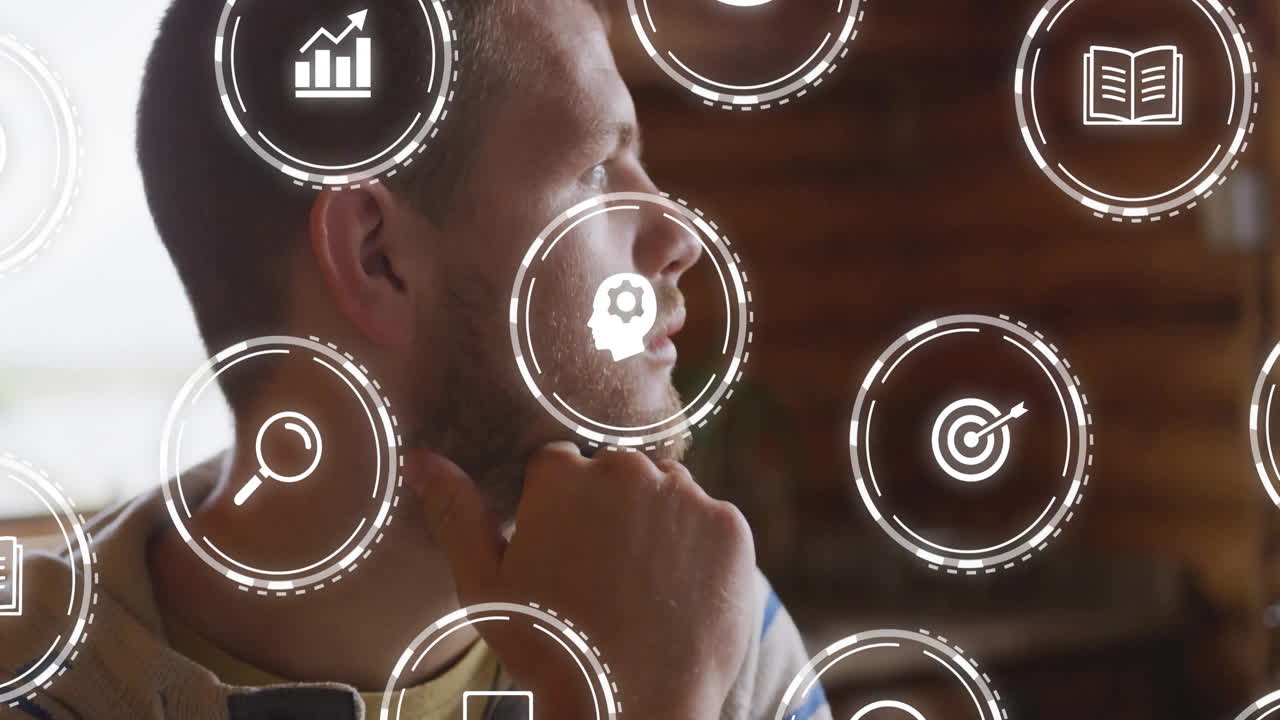 Man resting chin on hand indoors, viewing data analytics with floating chart, gear, target icons
