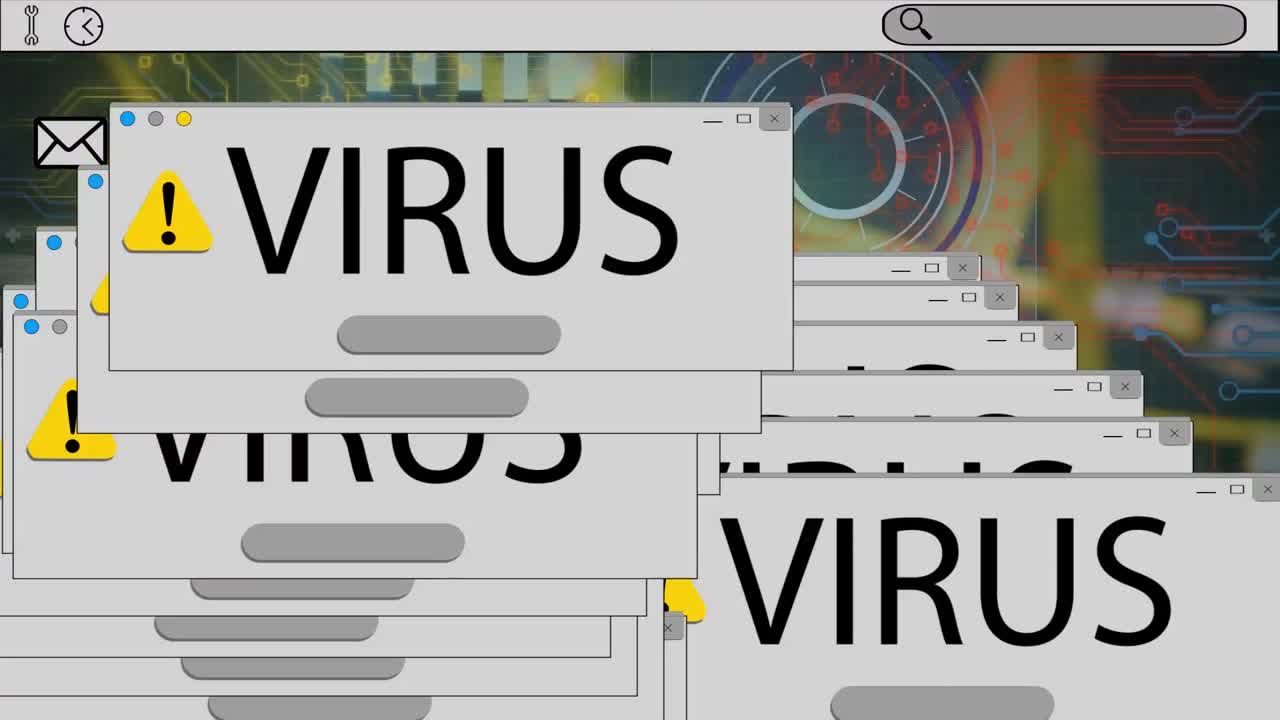 Animation of microprocessor connections and virus pop ups against close up of a computer server