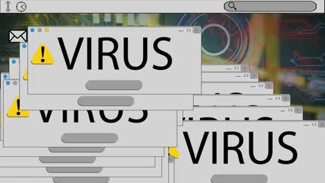 animación de conexiones de microprocesador y virus pop-ups en contra de un servidor de computadora