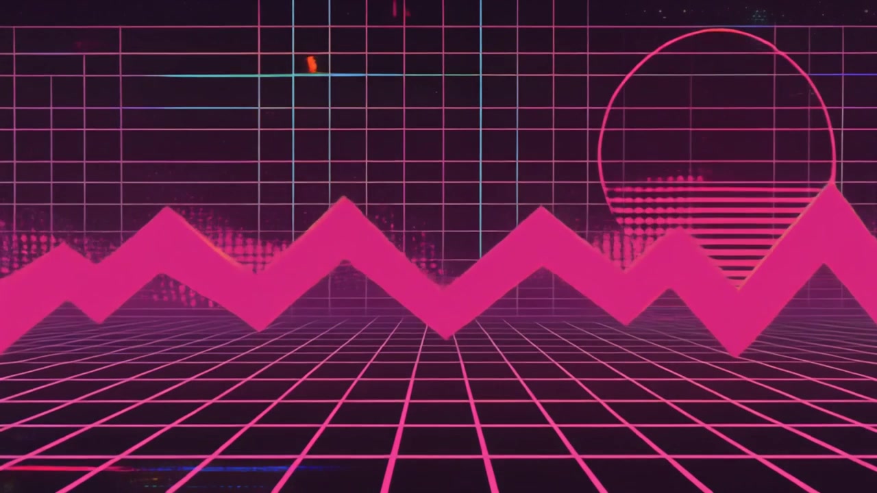 Animazione in stile Retro Synthwave con effetti glitch e paesaggio a griglia.